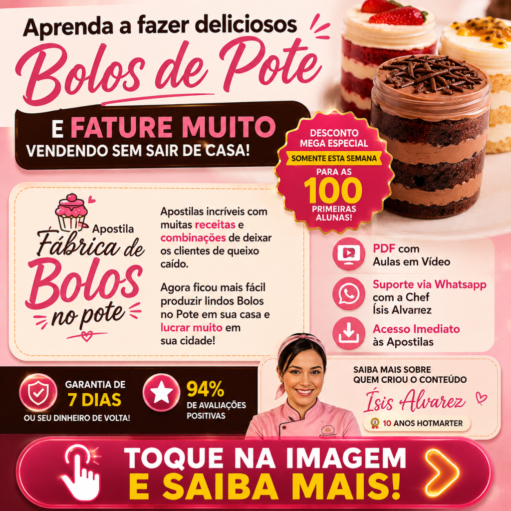 Imagem promocional do curso de bolos no pote da Chef Isis Alvarez, com receitas, aulas em vídeo, suporte via WhatsApp e acesso às apostilas