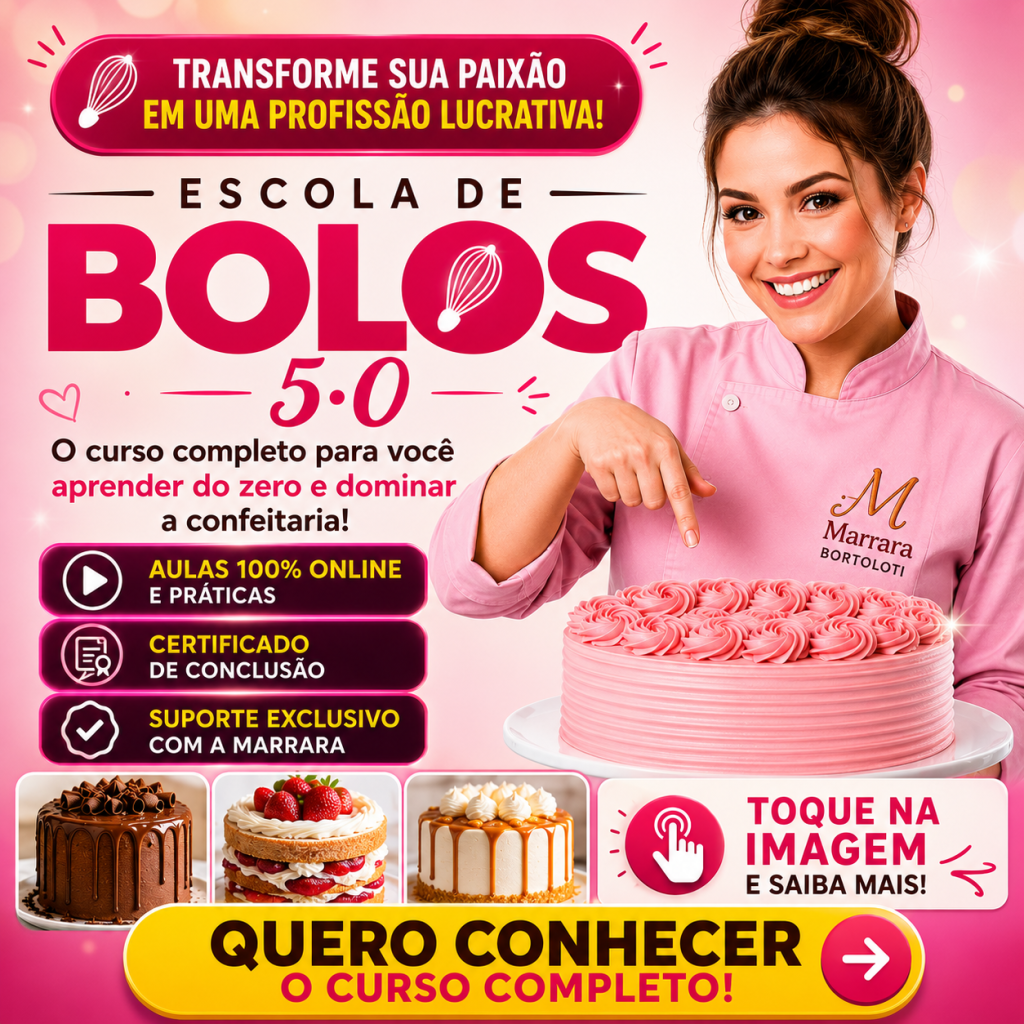 Imagem promocional do curso Escola de Bolos 5.0, com confeiteira, bolo decorado e chamada para conhecer o curso completo de confeitaria online.