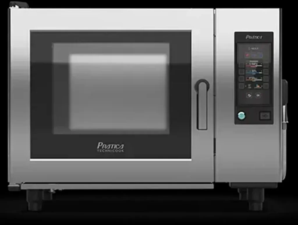 Close do painel de controle digital touch do forno Prática C-MAX EVO 06, exibindo ícones de programação e ajustes de umidade.