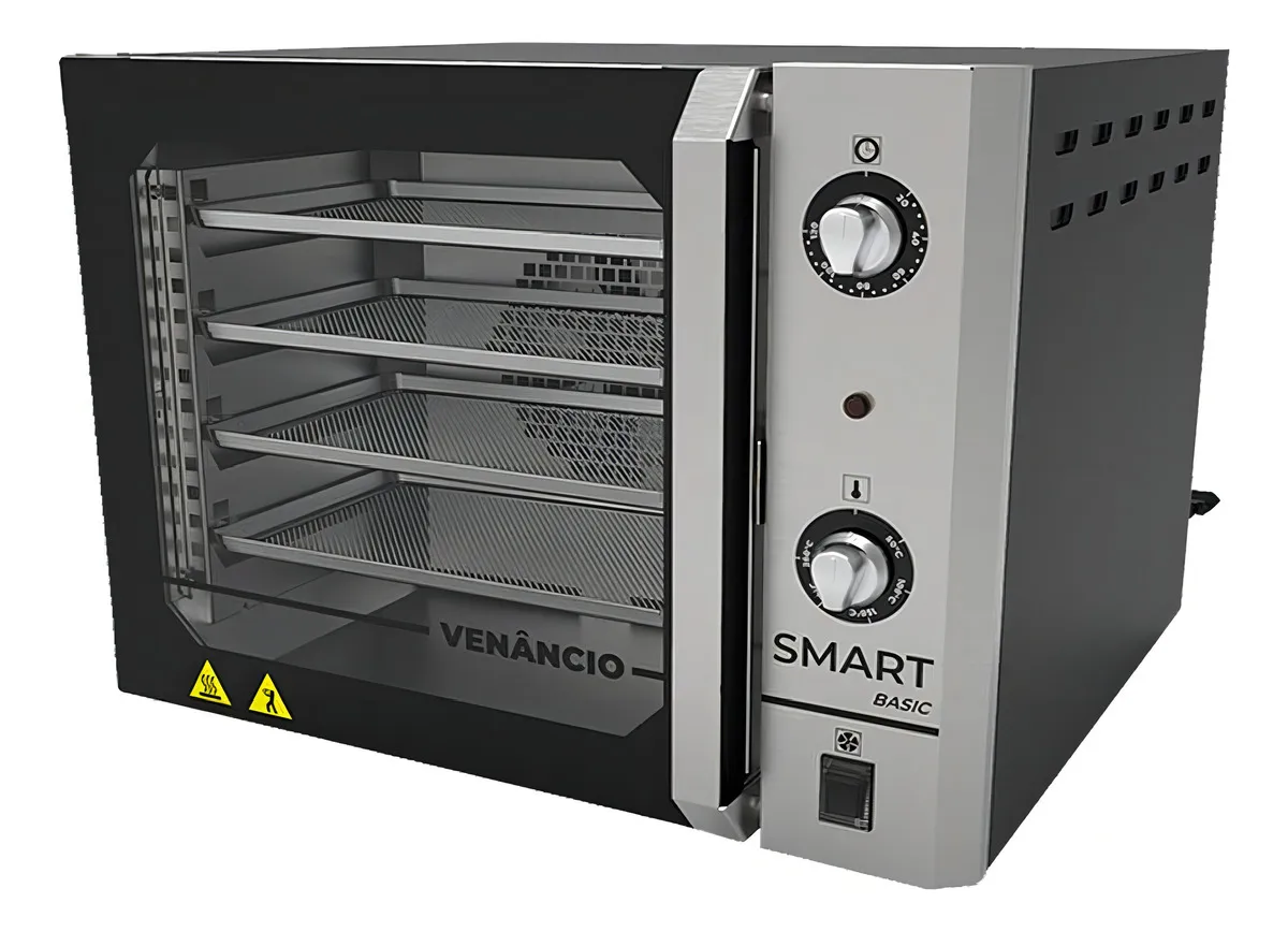 Forno elétrico de convecção Venâncio Smart Basic preto e inox, com porta de vidro duplo e 4 esteiras internas de alumínio perfurado.