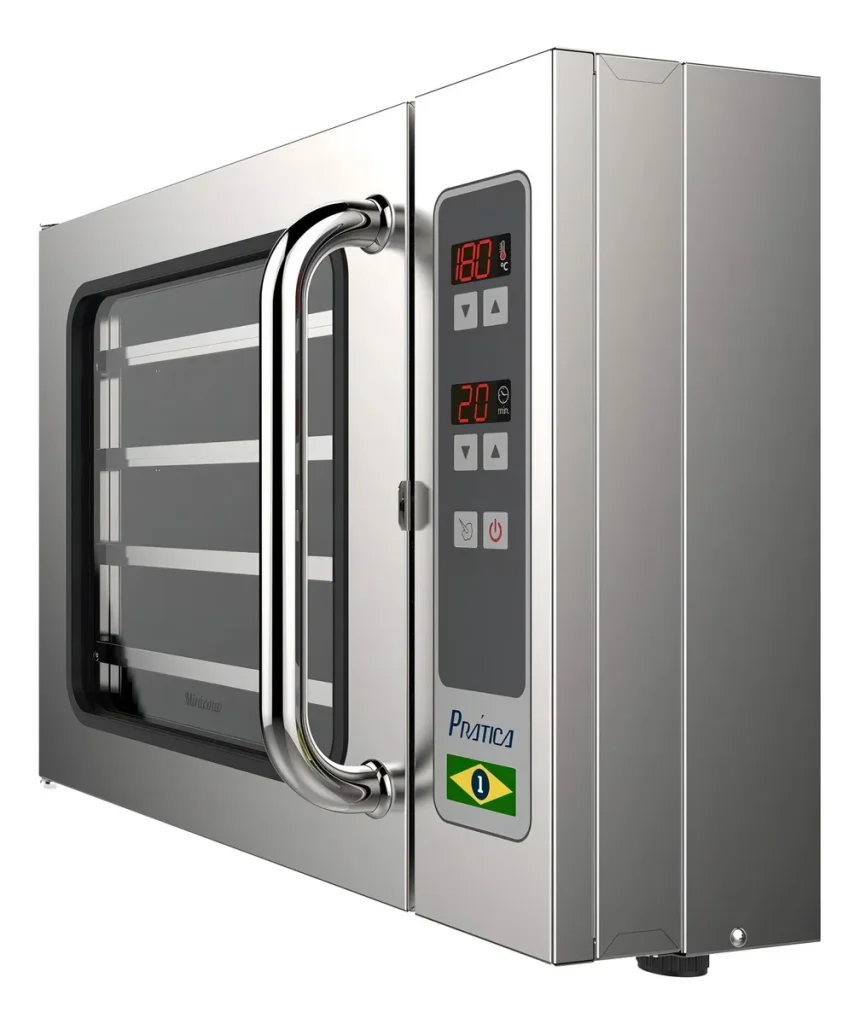 Forno de convecção profissional Prática Miniconv VP com acabamento em aço inox, visor de vidro e painel digital lateral.