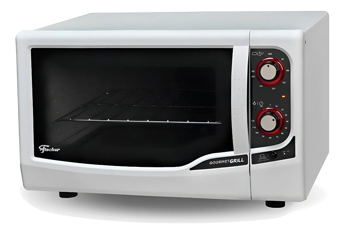 Forno elétrico de bancada Fischer Gourmet Grill branco de 44 litros, com porta de vidro duplo e botões de controle de temperatura e timer.
