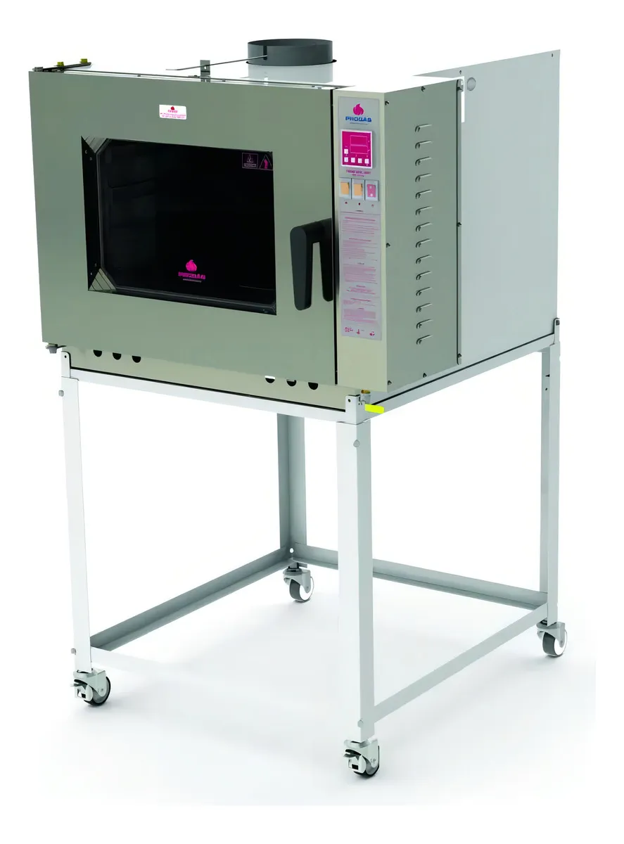 Forno turbo industrial a gás Progás PRP-5000 New Light com 5 esteiras, visor em vidro temperado e cavalete com rodízios.