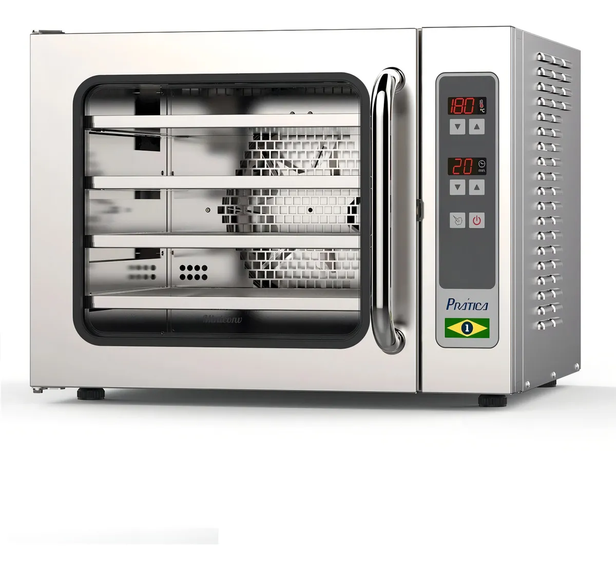 Close do painel digital do forno Prática Miniconv VP mostrando os controles de temperatura, tempo e o selo de fabricação nacional.