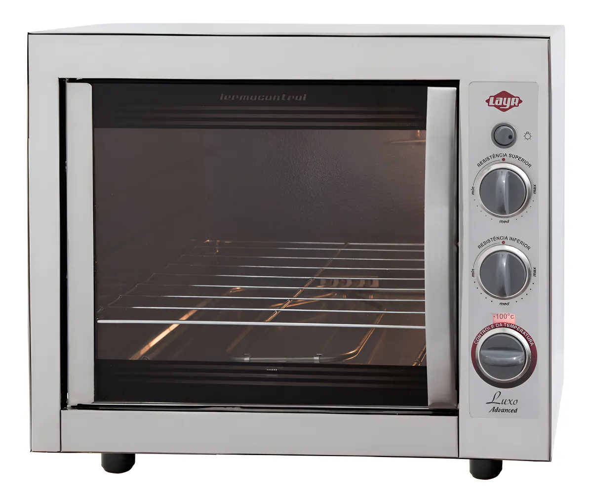 Forno elétrico de bancada Layr Luxo Advanced em aço inox, com visor de vidro temperado e três seletores de temperatura para resistências superior e inferior.