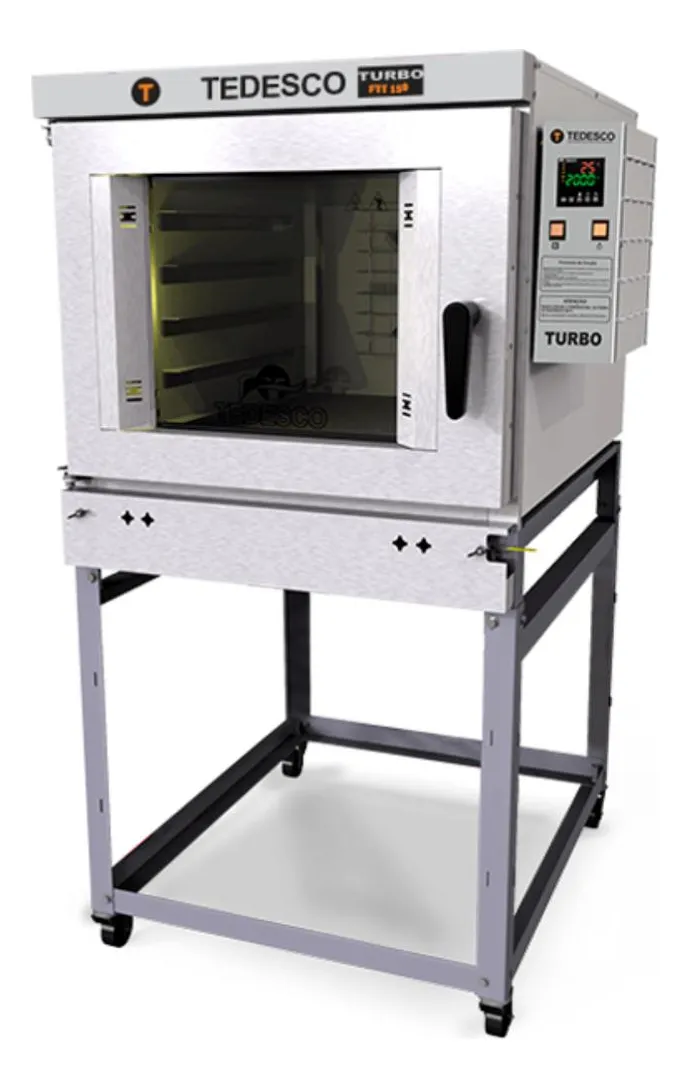 Forno turbo elétrico industrial Tedesco FTT-150E de 271 litros, com cavalete de rodízios e painel digital, ideal para média produção de pães e bolos.