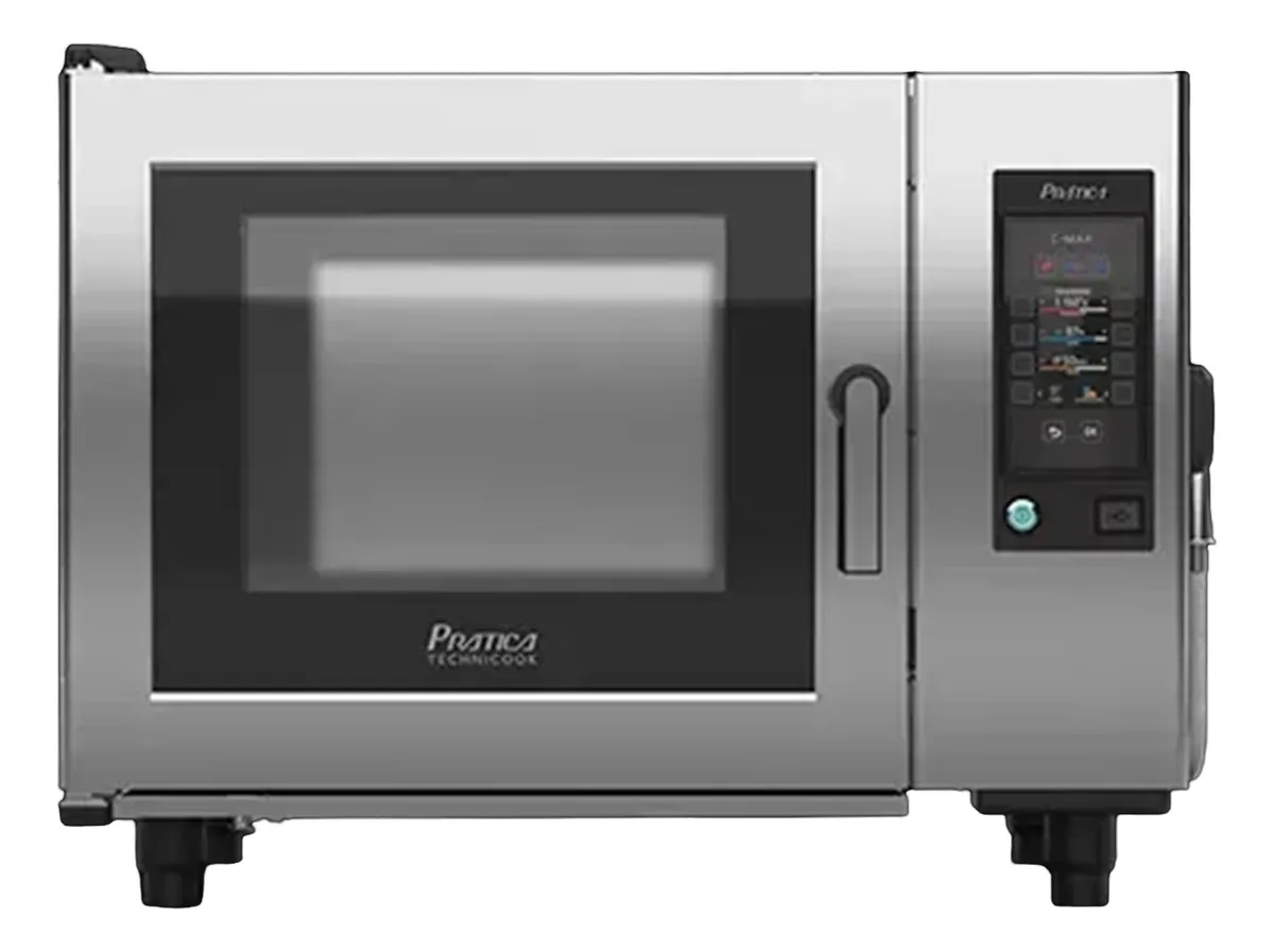 Forno combinado inteligente Prática C-MAX EVO 06 em aço inox com painel digital touch e sistema de higienização automática.