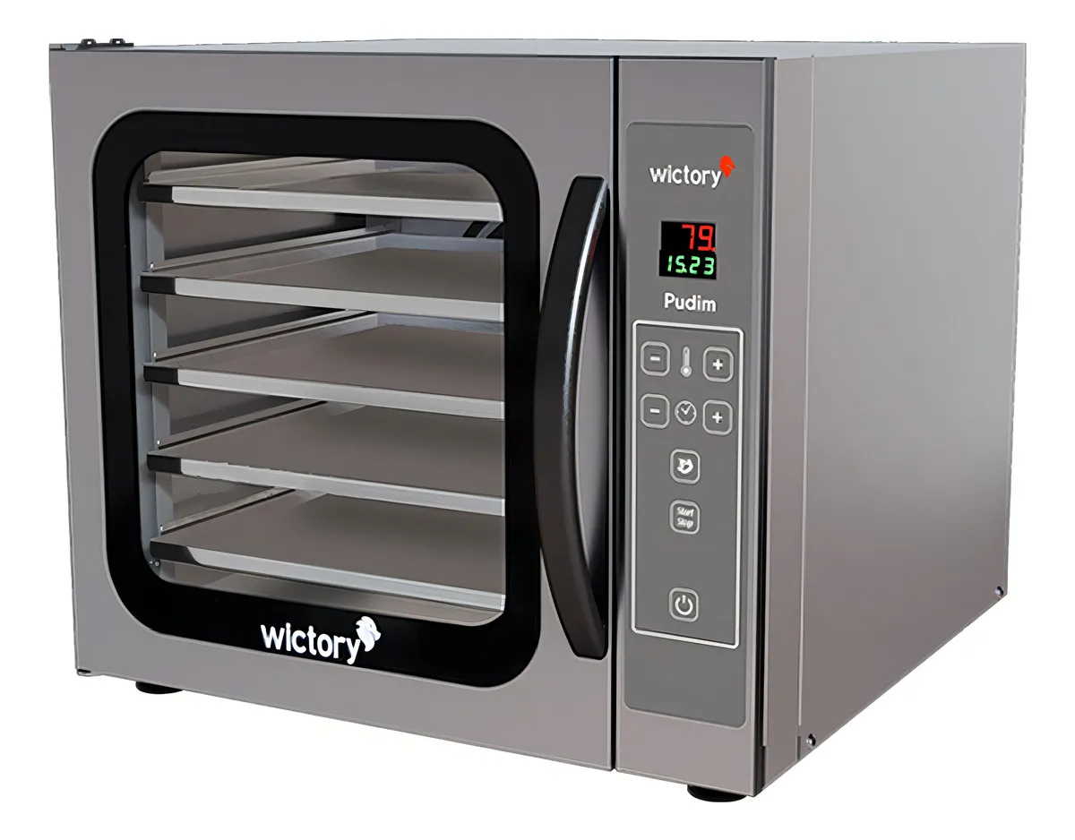 Forno convector profissional Wictory WCPP-535D em aço inox, com 5 assadeiras e painel digital, ideal para macarons e pudins.