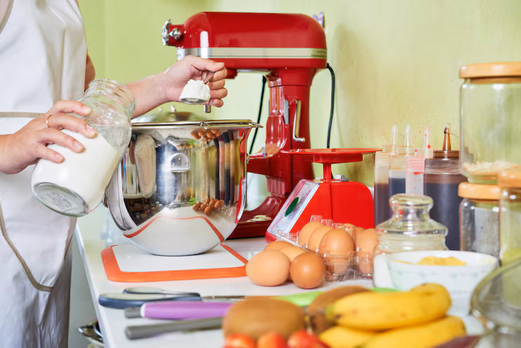 Confeiteira adicionando farinha em tigela de batedeira planetária vermelha com balança de precisão ao lado, destacando o controle de ingredientes.