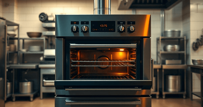 Forno industrial de aço inox com painel digital centralizado, posicionado sob uma coifa de exaustão metálica em uma cozinha profissional.