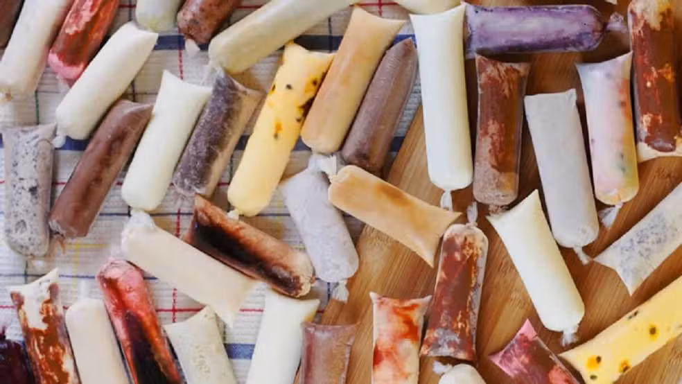 Grande sortimento de geladinhos gourmet de diferentes sabores, cores e recheios dispostos sobre uma superfície, ideal para ilustrar a vitrine digital nas redes sociais.