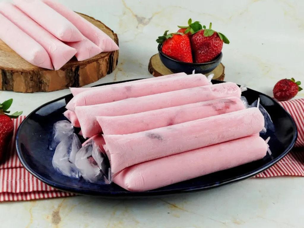 Geladinhos gourmet de morango cremosos arrumados em uma travessa com morangos frescos e gelo, demonstrando a qualidade visual e a rentabilidade do produto para empreender.