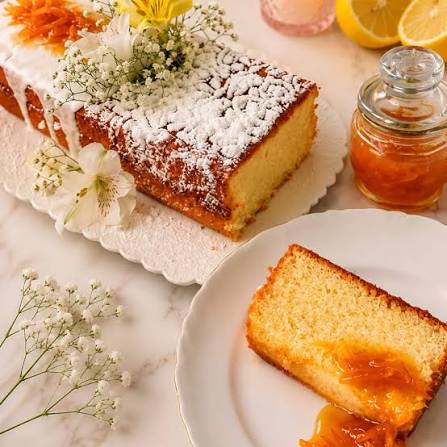 Close-up de um bolo caseirinho de laranja retangular decorado com açúcar de confeiteiro, raspas de fruta e pequenas flores brancas. Em primeiro plano, uma fatia servida em um prato branco exibe uma generosa cobertura de geleia artesanal de laranja. Ao fundo, aparecem um pote de vidro com geleia e limões frescos.