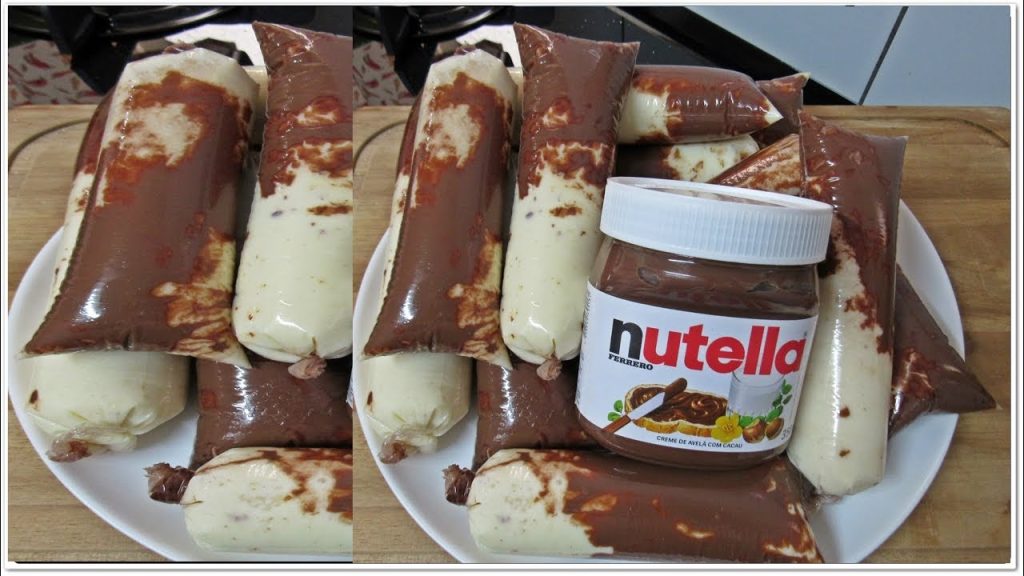 Geladinhos gourmet de Leite Ninho decorados com riscas de Nutella nas laterais internas em um prato branco, ao lado de um pote do creme de avelã original.