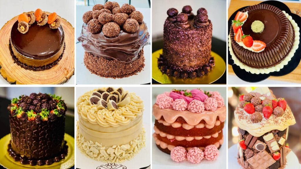Colagem de oito bolos de chocolate decorados, com diferentes recheios, coberturas e estilos, incluindo drip cake e decorações com frutas e doces