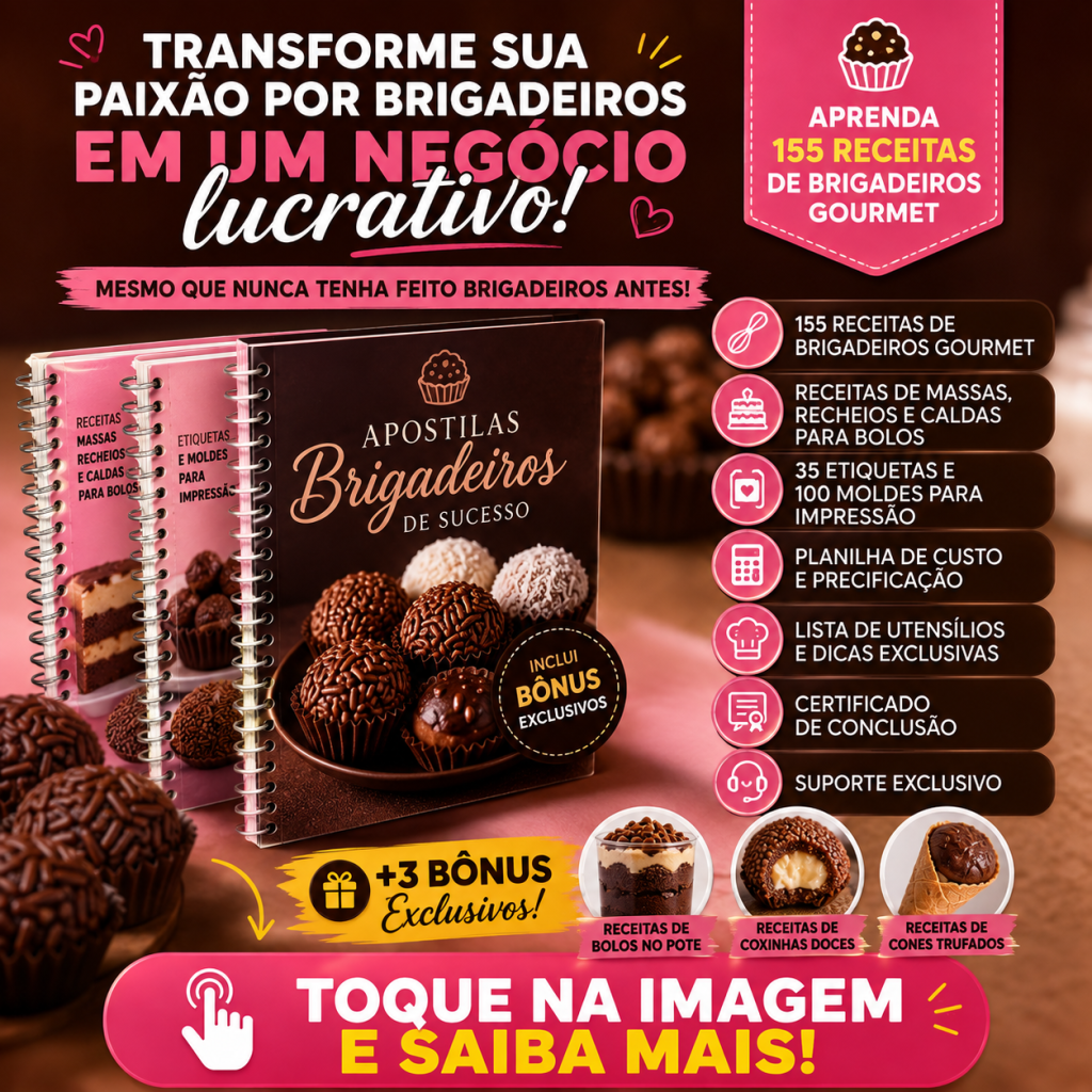 Apostilas Brigadeiros de Sucesso com 155 receitas de brigadeiros gourmet, bônus de confeitaria e materiais para quem deseja aprender e vender brigadeiros.