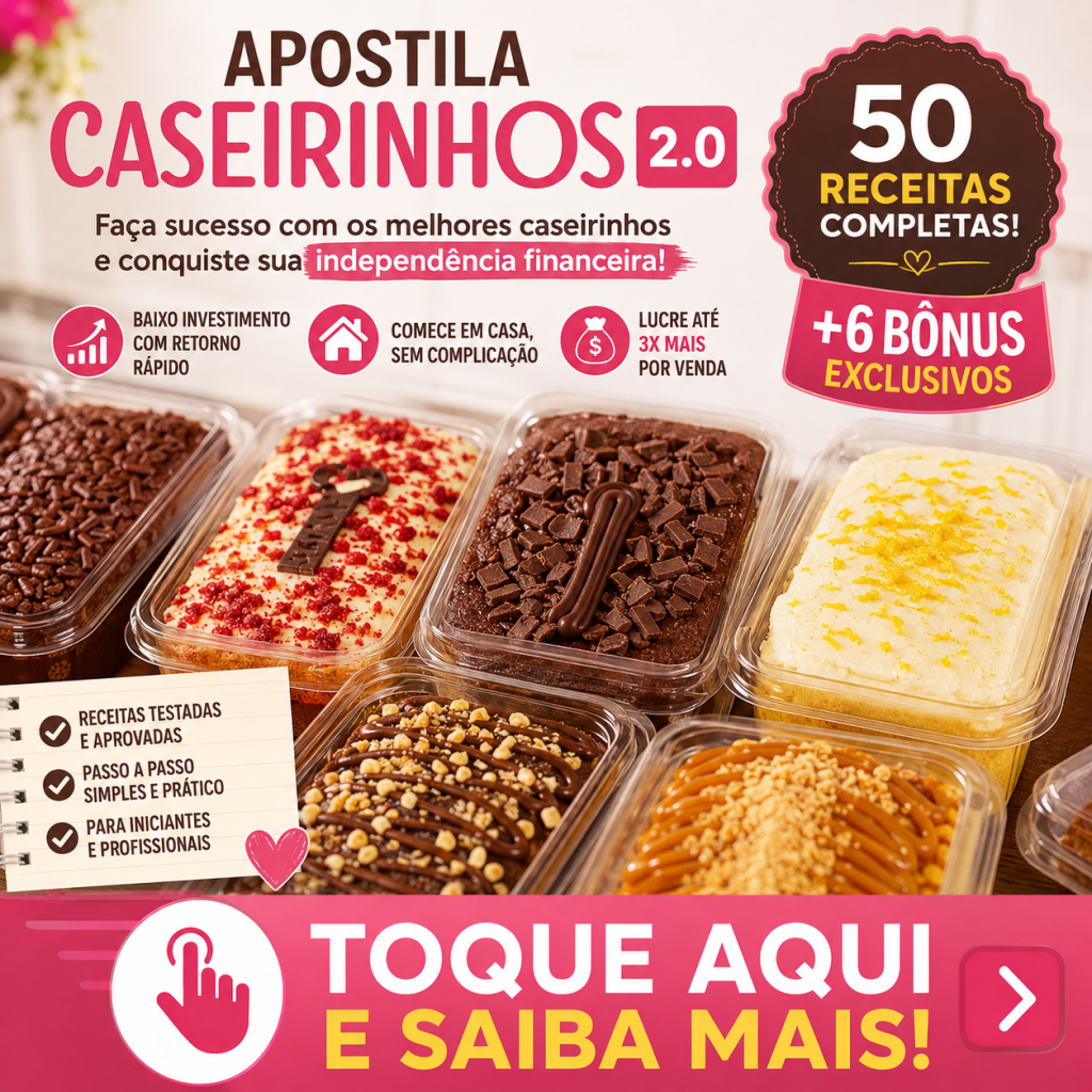 Apostila Caseirinhos 2.0 com 50 receitas de bolos caseiros recheados e cobertos, acompanhada de 6 bônus exclusivos
