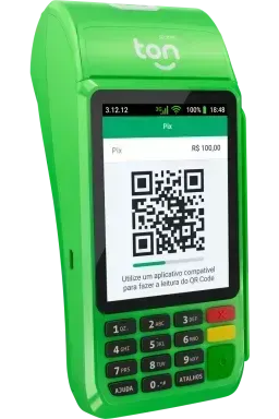 Maquininha de cartão Ton T3 Pro verde, mostrando um QR Code para pagamento via Pix de R$ 100,00 na tela.