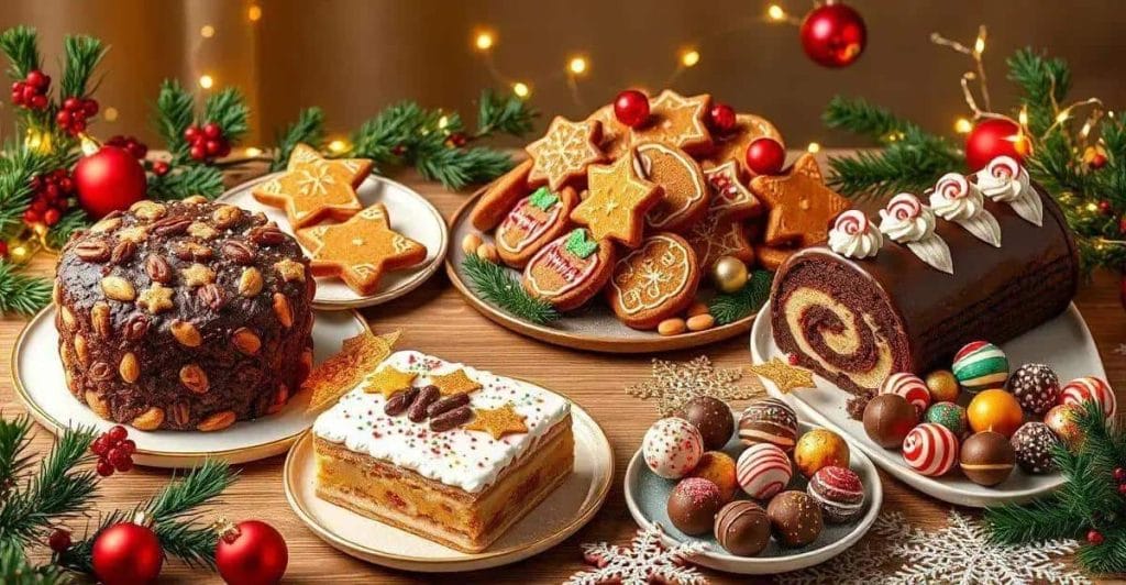 Uma mesa de madeira adornada com decorações natalinas, contendo um bolo inglês, biscoitos de gengibre em formatos festivos, um tronco de Natal (Bûche de Noël), um bolo branco quadrado decorado e um prato com diversos tipos de bombons e trufas natalinas. Luzes de Natal piscam ao fundo.