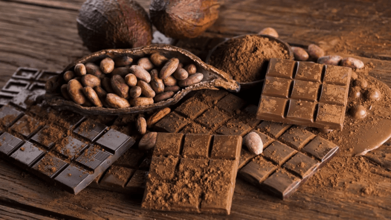 Imagem de destaque: variedade de chocolates em pó, barras de chocolate ao leite e amargo, cacau em pó e grãos de cacau em uma superfície de madeira rústica, destacando a riqueza dos ingredientes para confeitaria.