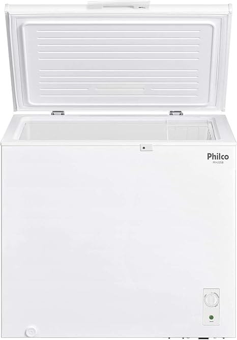 Interior do Freezer Horizontal Philco 199L PFH205B aberto, com cesto aramado para organização
