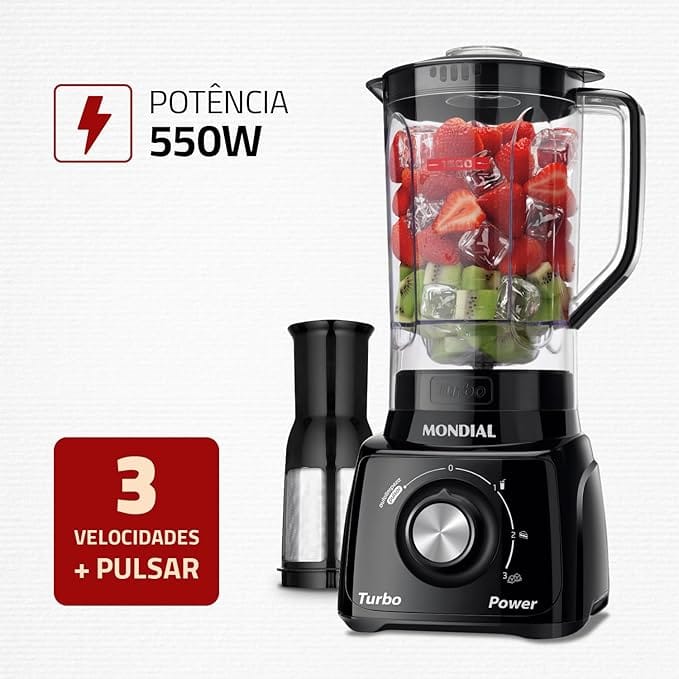 Liquidificador Mondial Turbo Power L-99 FB Preto, destacando 550W de potência, 3 velocidades + Pulsar e filtro em inox