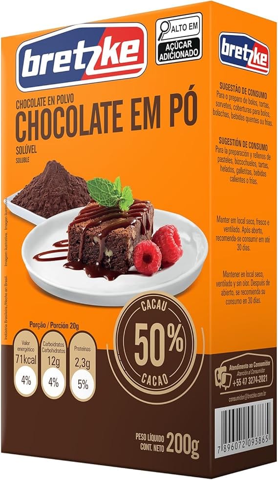 Imagem da caixa do Bretzke Chocolate em Pó Solúvel com 50% de Cacau, 200g. A embalagem laranja e marrom exibe um bolo de chocolate com calda e frutas vermelhas, o logo "bretzke", a informação "Chocolate em Pó Solúvel", "50% Cacau" em destaque, e sugestões de consumo e nutricionais.
