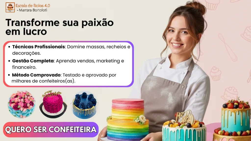 Jovem confeiteira sorrindo, cercada por bolos decorados, promovendo o curso Escola de Bolos 4.0 de Marrara Bortoloti. Destaque para técnicas profissionais, gestão completa e método comprovado para acelerar resultados no empreendedorismo