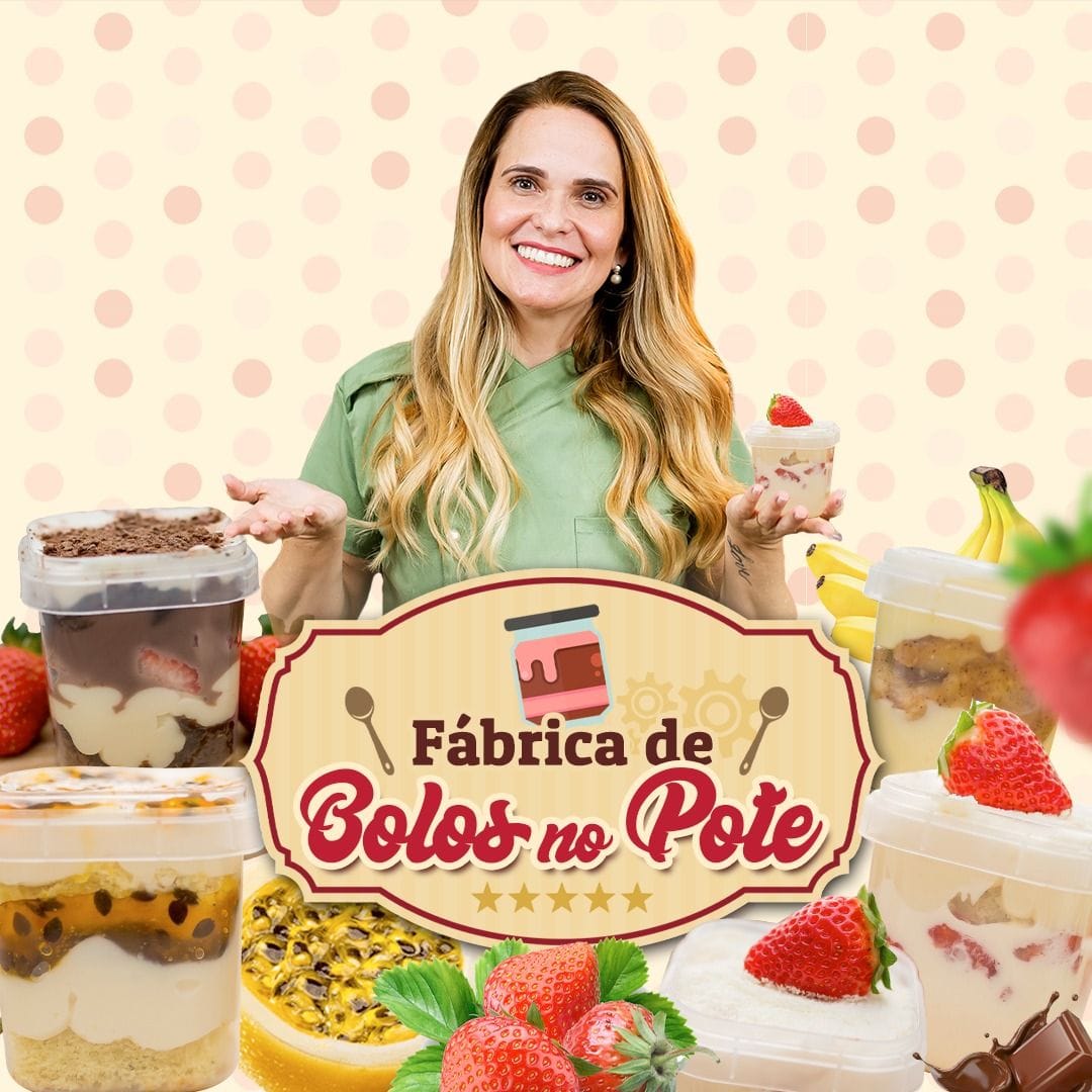 Chef Isis Alvarez sorrindo, exibindo vários bolos no pote com sabores como chocolate, maracujá e morango, promovendo o curso Fábrica de Bolos no Pote.