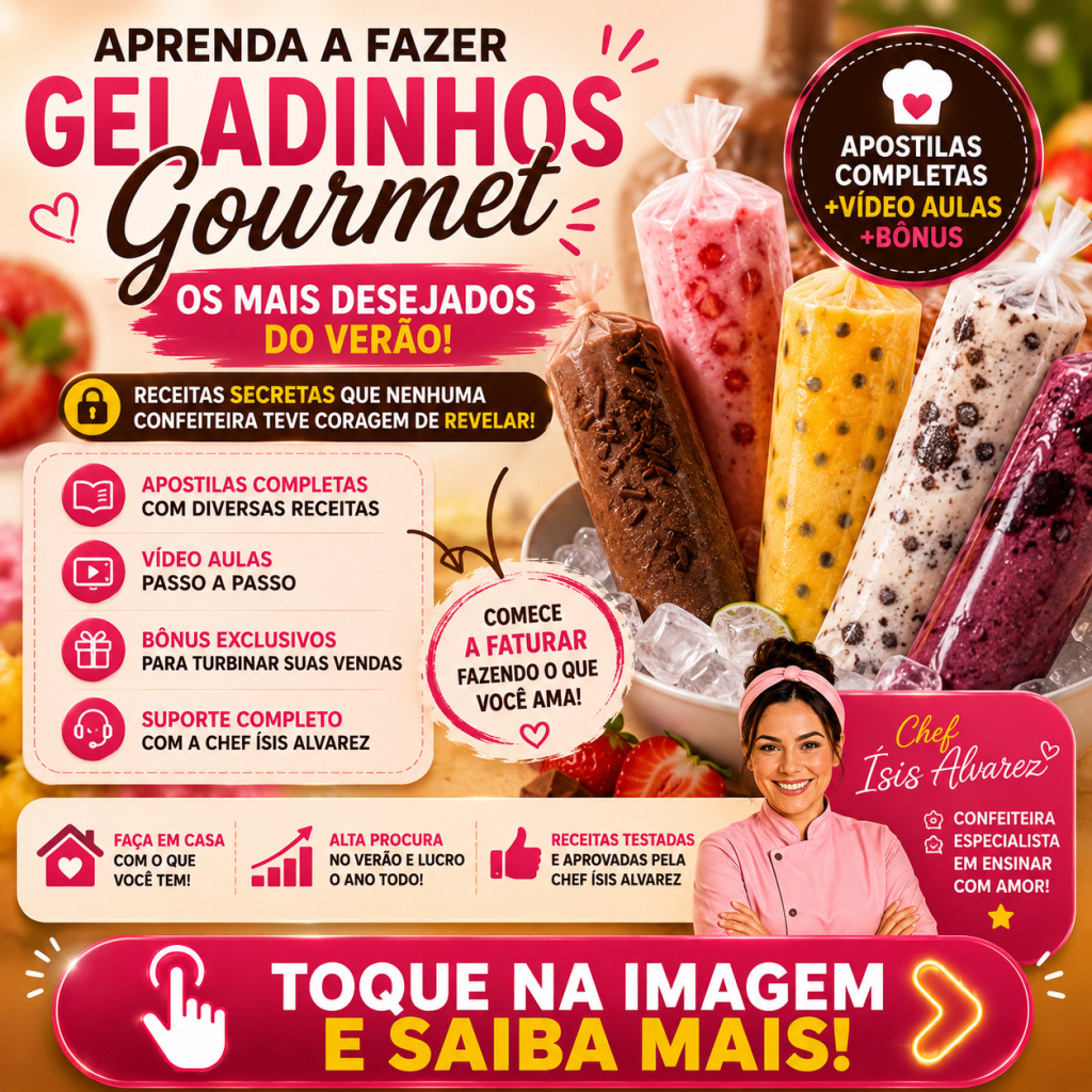 Imagem promocional do curso de Geladinhos Gourmet da Chef Ísis Alvarez, com receitas, apostilas, aulas em vídeo e bônus para aprender a preparar geladinhos gourmet.