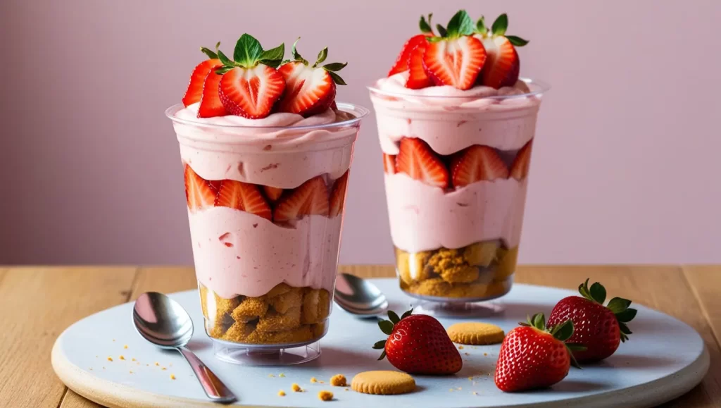 Dois copos transparentes cheios de Copos da Felicidade de morango, com camadas de creme rosa, morangos frescos fatiados e base de biscoito triturado. Morangos extras e biscoitos estão na mesa.