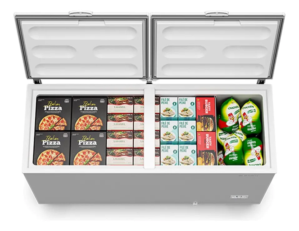 Freezer Horizontal Metalfrio 543L Inverter DA550IF com duas portas abertas mostrando a alta capacidade e organização interna para estoque de produtos de confeitaria.