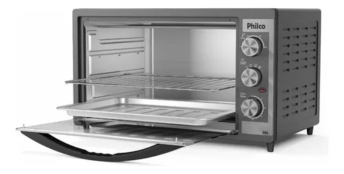 Forno Elétrico Philco 50L PFE52P com a porta aberta, mostrando a grelha deslizante e a bandeja interna para assar e cozinhar