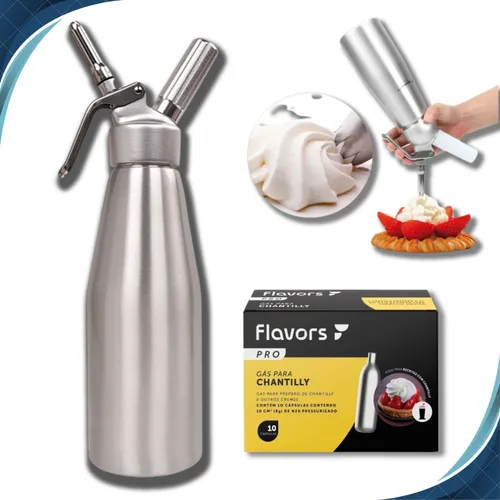 Garrafa Sifão de Chantilly profissional de 1 litro em alumínio, com kit de 10 ampolas de gás e exemplos de aplicação em sobremesas.