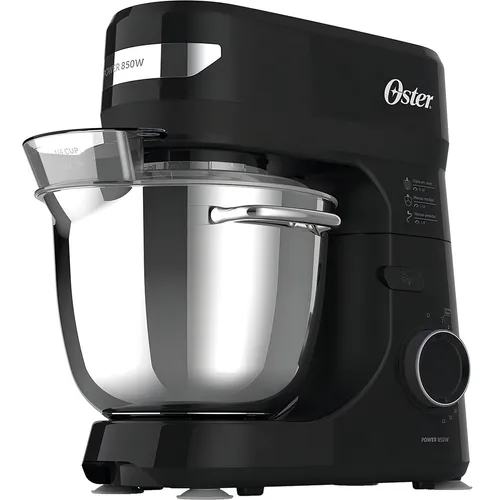 Batedeira planetária Oster Bowl Inox III preta, com tigela de aço inoxidável de 4L e motor de 850W.