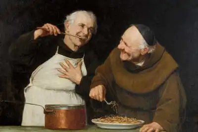Pintura de dois frades provando comida, que inspirou o nome Chocolate do Padre Nestlé Dois Frades. Representa a história e tradição do cacau em pó.