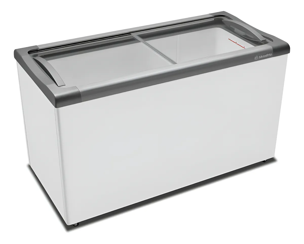Freezer horizontal Metalfrio NF40L branco de 388 litros, com tampo deslizante de vidro, ideal para exposição de alto volume de sorvetes e congelados em lojas de confeitaria.