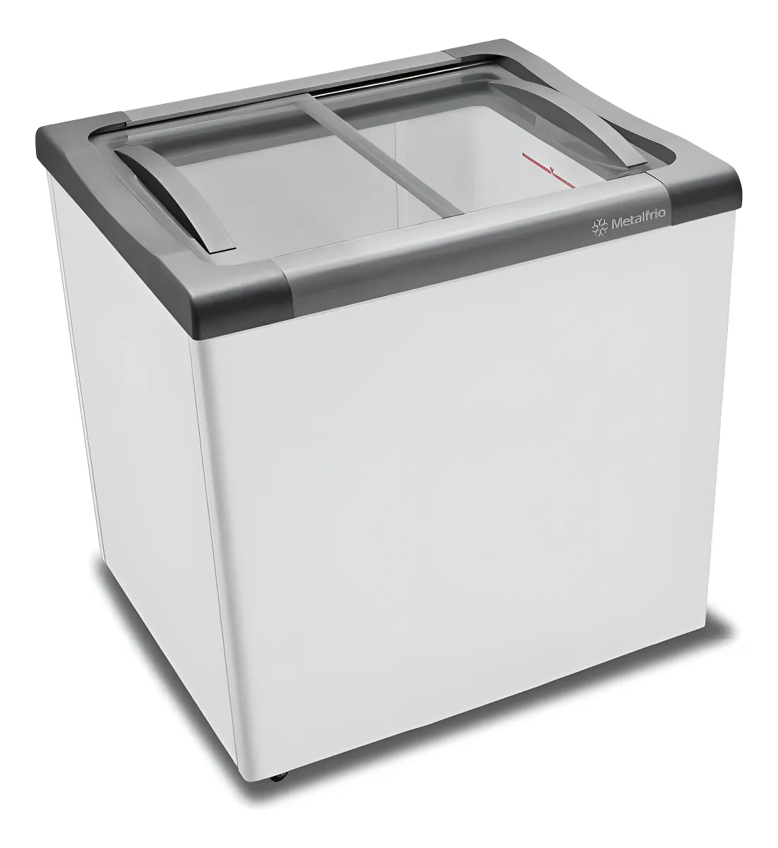 Freezer horizontal Metalfrio NF20 branco com tampa de vidro deslizante de 180 litros, ideal para picolés, sorvetes e pequenos comércios de confeitaria.