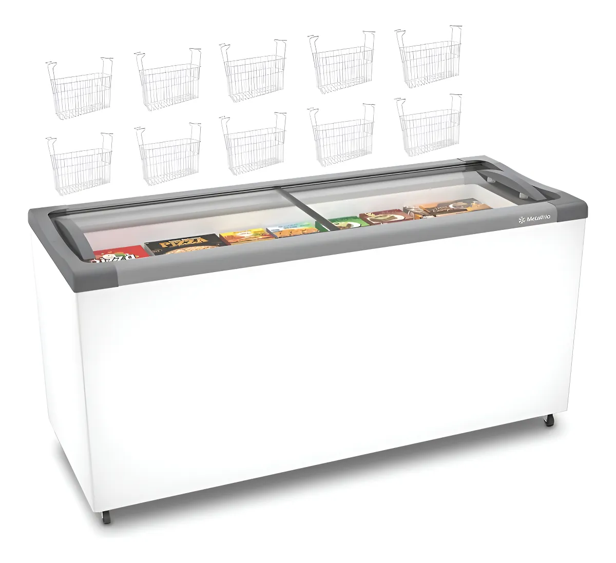 Freezer horizontal Metalfrio NF55 branco de 404 litros com tampas de vidro, acompanhado por 10 cestos organizadores, ideal para organização de sorvetes e congelados.