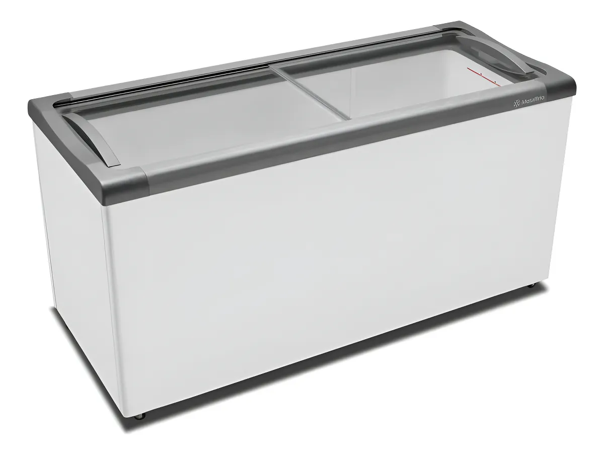 Freezer horizontal Metalfrio NF55 branco de 491 litros, com tampas de vidro deslizantes, ideal como o melhor freezer horizontal para sorvete e alto volume de congelados.
