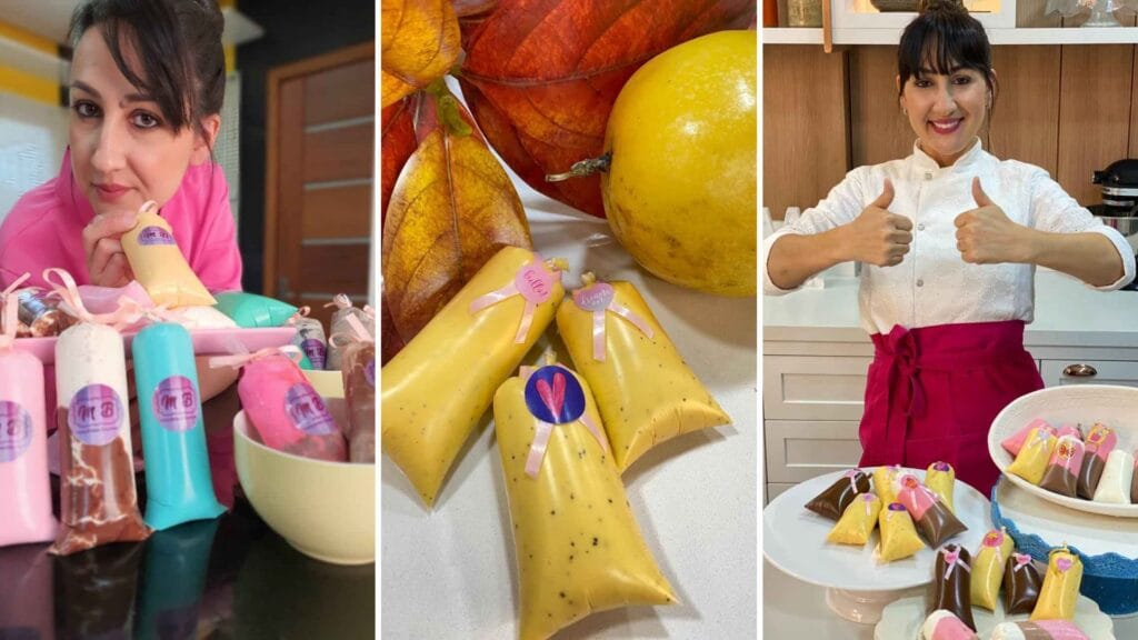 Mosaico de 3 fotos: Chef com sacolés coloridos (geladinhos gourmet), sacolés de maracujá e sacolés gourmet variados e trufados, ilustrando apostila de geladinhos gourmet para vender