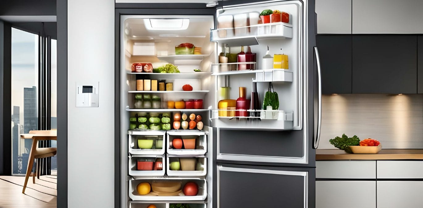 Freezer vertical moderno e organizado com alimentos e potes, ilustrando a praticidade para a confeitaria.