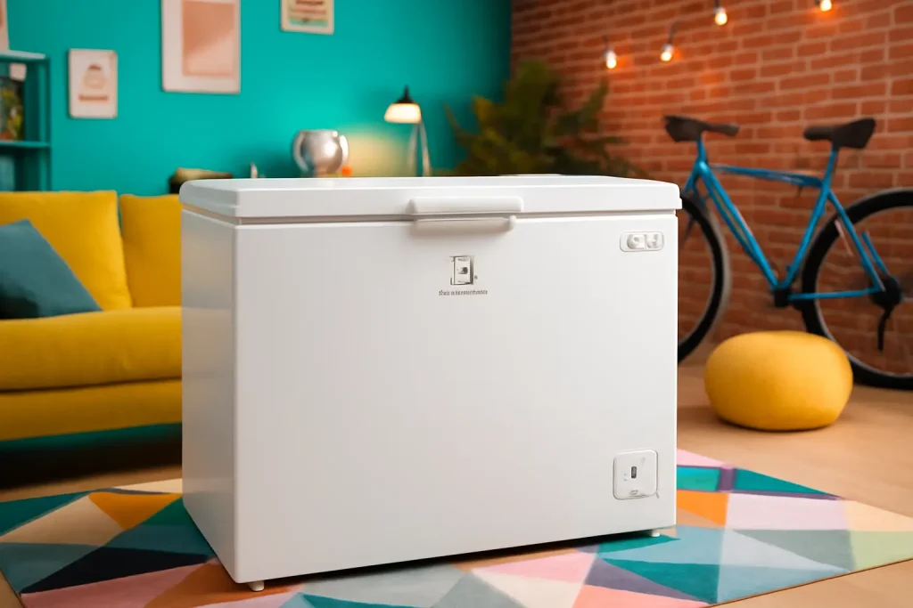 Freezer Horizontal branco e moderno em ambiente interno. O modelo representa a escolha econômica para confeitarias, com foco no motor Inverter, no Gás Refrigerante eficiente e na Vedação de qualidade.