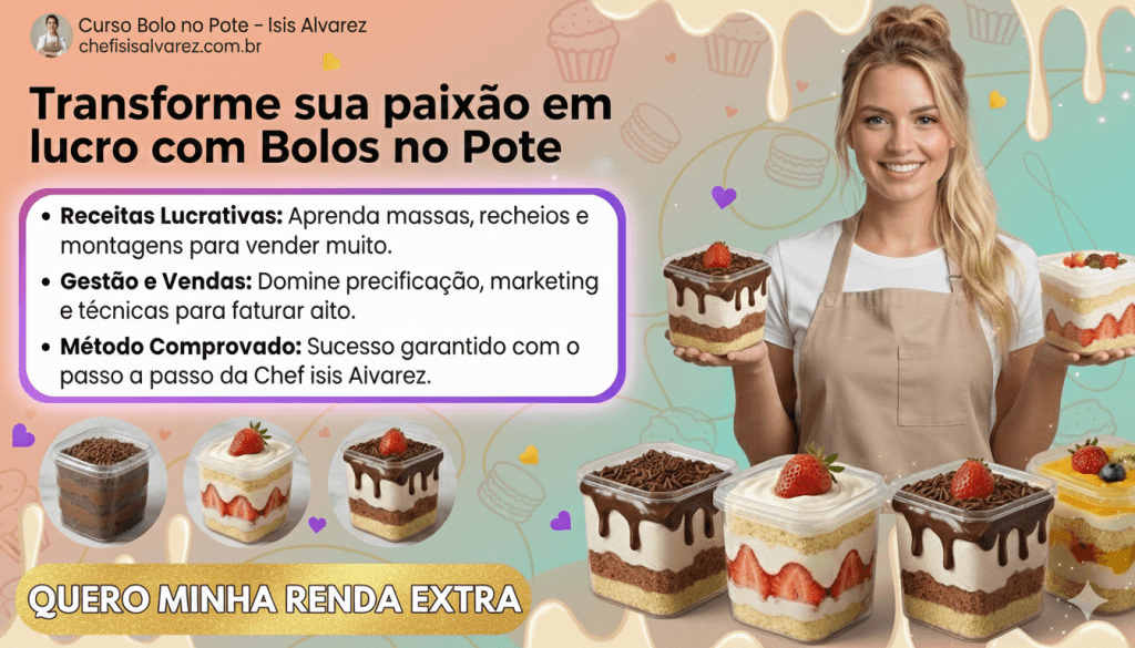 Banner do Curso Bolo no Pote com a Chef Isis Alvarez. Aprenda Receitas Lucrativas, Gestão e Vendas e um Método Comprovado para Transformar sua paixão em lucro e conseguir sua Renda Extra.
