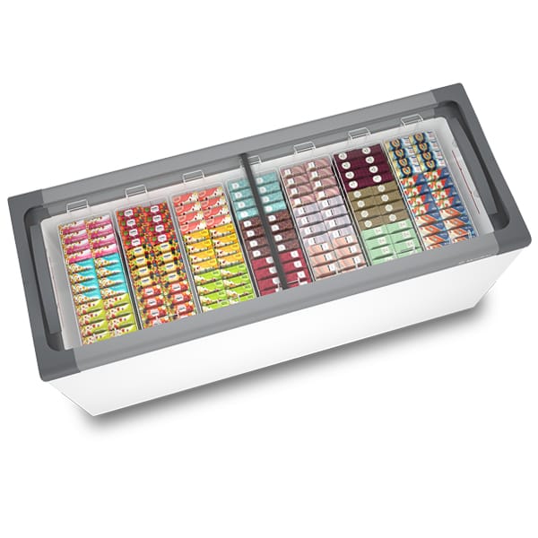 Freezer horizontal Metalfrio de alta durabilidade e motor robusto, representando a escolha ideal para confeitarias que priorizam estabilidade de temperatura para sorvetes e doces premium.