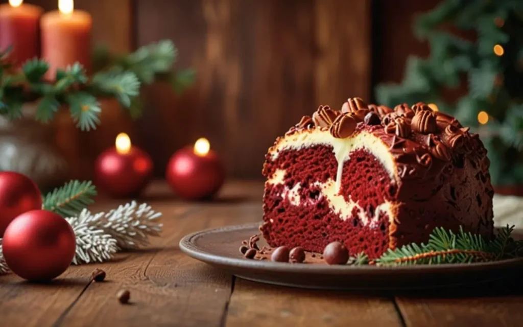 Fatia de Mini Panetone Red Velvet com recheio de cream cheese, coberto com chocolate, em um cenário de Natal. Uma receita lucrativa e variação gourmet perfeita para o seu cardápio.