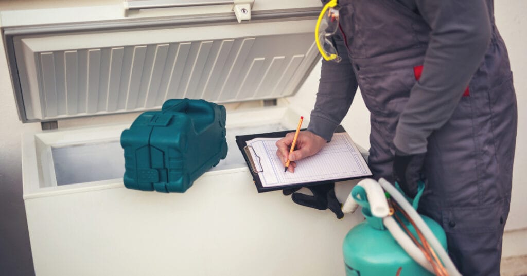 Técnico especializado em refrigeração diagnosticando um freezer horizontal, representando o custo-benefício de investir em manutenção profissional e equipamentos de qualidade na confeitaria.