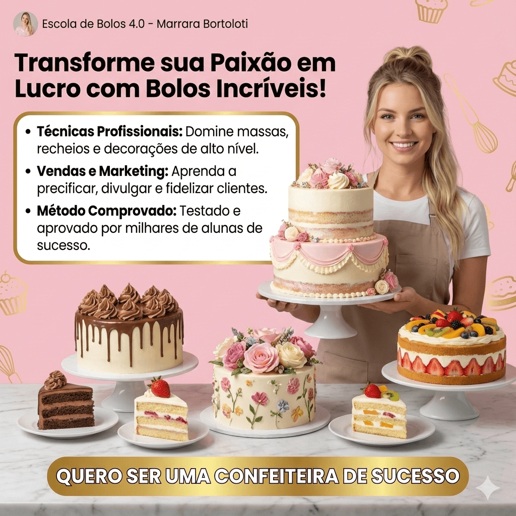 Anúncio do curso Escola de Bolos 4.0 de Marrara Bortoloti, mostrando uma confeiteira sorridente segurando um bolo de dois andares e uma mesa com diversos bolos decorados, bolos de chocolate, bolos de frutas e fatias. O texto na imagem destaca "Transforme sua Paixão em Lucro com Bolos Incríveis!", além de tópicos sobre técnicas profissionais, vendas e marketing, e um método comprovado.