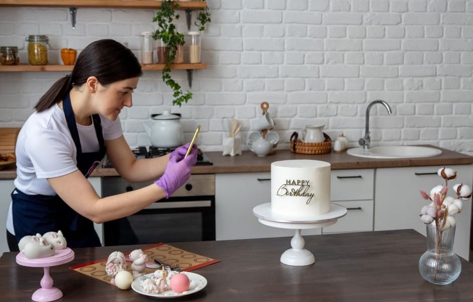 Confeiteira profissional utilizando smartphone para fotografar bolo decorado em ambiente de cozinha clean, exemplificando estratégias de marketing digital do portal Confeitaria Online.
