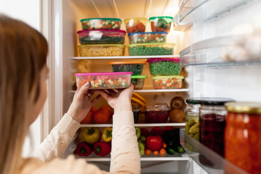 Vista das costas de uma mulher organizando potes de vidro e plástico com vegetais coloridos em prateleiras de um refrigerador branco bem iluminado.